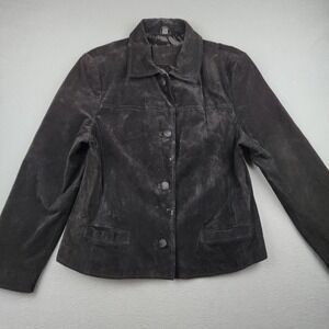Jacqueline Ferrar Jacket Womens XL Black Suede Leather Button Front Lined Collar